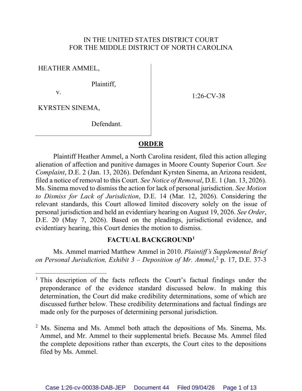 FNF - NC - Lawsuit H Ammel v Sinema