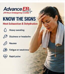 Advance ER educational graphic showing a woman experiencing heat-related illness symptoms, alongside information about common signs of heat exhaustion and dehydration, including heavy sweating, dizziness or headache, nausea, fatigue or weakness, and a r...