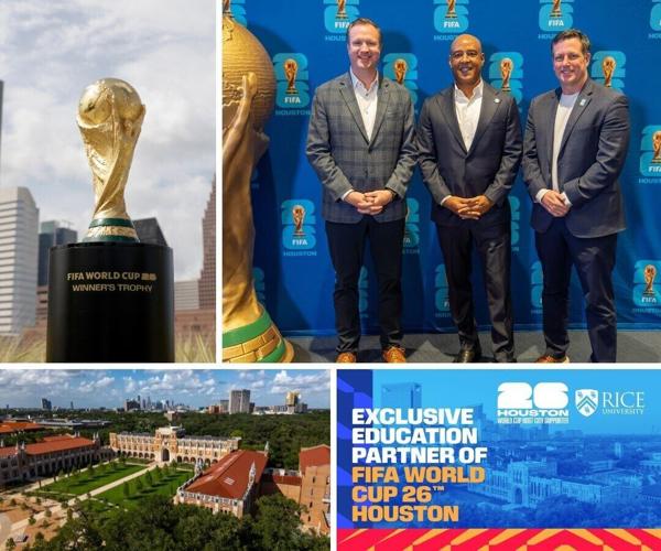 Rice University hosted a news conference Jan. 30 announcing its designation as an Official Houston World Cup 2026 Host City Supporter. From left, Tommy McClelland, Rice vice president and director of athletics; Reginald DesRoches, Rice president; and Ch...