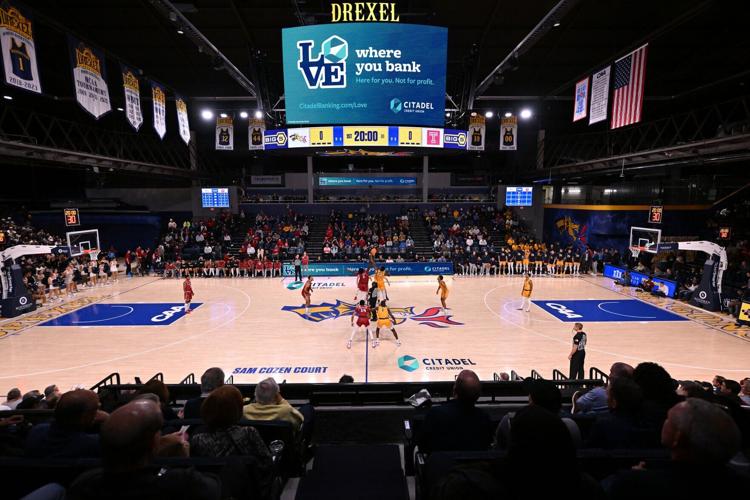 Rendering of Drexel's Sam Cozen Court at Daskalakis Athletic Center, featuring new Citadel Credit Union branding.