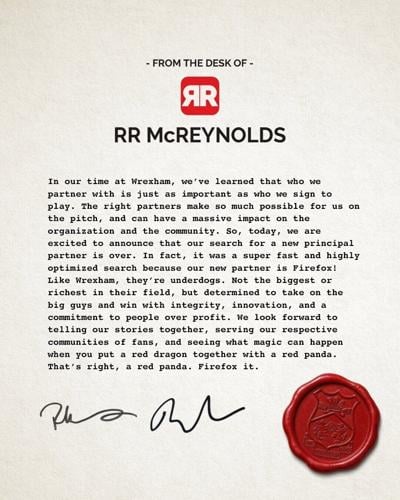 Letter from R.R. McReynolds Company announcing Firefox as Wrexham's new principal partner.