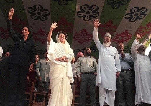 Four-parties opposition alliance leaders (L-R) Bangladesh's former president and military dictator Hussain Mohammad Ershad of Jatiya Party, former prime minister Khaleda Zia of Bangladesh Nationalist Party, head of fundamentalist Jamaat-e-Islami party G...