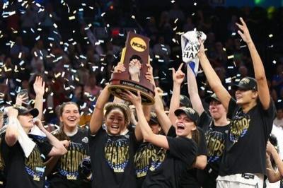 Kiki Rice and Gabriela Jaquez of the UCLA Bruins after beating South Carolina in the NCAA women's basketball championship game