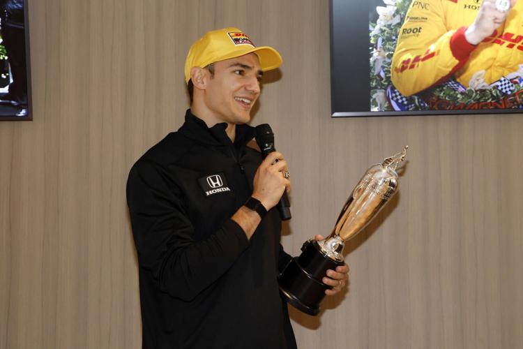2025 Indianapolis 500 winner Alex Palou speaks after being presented with his very own Championship Driver’s Trophy™, also known as a Baby Borg