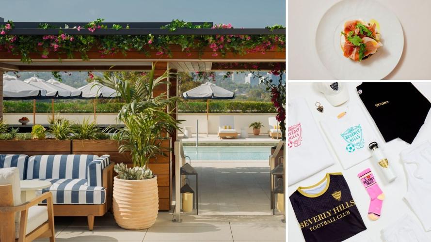 Clockwise from Left:  L'Ermitage Beverly Hills Rooftop; Sopa Paraguaya with stracciatella and prosciutto at Marea Beverly Hills; Limited-Edition Beverly Hills Football Club Merchandise