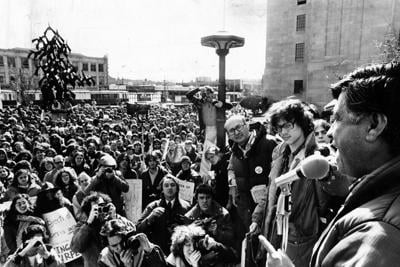 Cesar Chavez became a national hero for his advocacy of farmworkers' rights. Here he gives a talk at Boston University in April 1979.