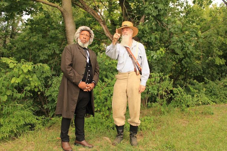 Frederick Douglass and John Brown in discussion near the quarry meeting site in Chambersburg; living history provided by Nathan Richardson and Doug Dobbs. A planned Brown-Douglass statue will anchor a Road To Freedom Trail with the history of the era, i...