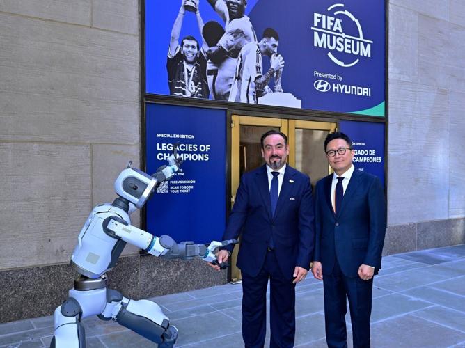 FIFA Museum Opening Ceremony – Atlas Installation at Entrance; From left: Marco Fazzone, Managing Director, FIFA Museum; Sungwon Jee, Executive Vice President and Global Chief Marketing Officer, Hyundai Motor Company. (Photo credit: Getty Images for Hyu...
