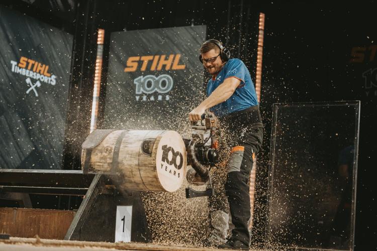 Matt Cogar competes in the Hot Saw discipline at the 2026 STIHL TIMBERSPORTS® U.S. Championships at German Fest in Milwaukee.