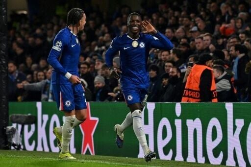 Moises Caicedo (R) celebrates after scoring Chelsea's winner against Pafos