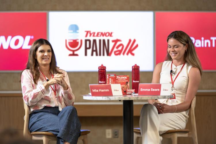 Soccer legend Mia Hamm (left) and active NWSL and U.S. international player Emma Sears (right) participate in the launch of TYLENOL® PainTalk.