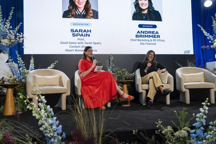 Andrea Brimmer, Ally Chief Marketing and Public Relations Officer, and iHeart’s Sarah Spain discuss Ally’s 50/50 Pledge achievement at Deep Blue Business of Women’s Sports Summit at Chelsea Industrial on Tuesday, April 14, 2026, in New York, New York. (...