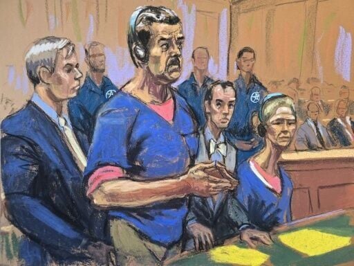 This courtroom sketch shows deposed president of Venezuela Nicolas Maduro (2nd-L), and his wife, Cilia Flores (seated), attending their arraignment in New York in January where they pleaded not guilty to charges of narco-terrorism