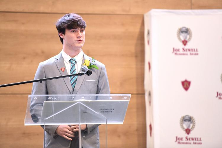 Cliff Williams / TPI Holtville High School senior Tyler Logan Hackett speaks after he was named the 2026 Joe Sewell Memorial Award Boys overall winner.