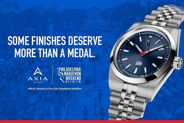 AXIA Time’s Official Timepiece of the 2026 Philadelphia Marathon Weekend, a Swiss Made automatic watch created with input from runners, features Philadelphia-inspired details, the America250 logo, and complimentary personalization.