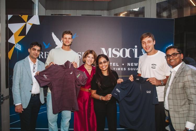From Left to Right: Vikram Sardana, Vice President, Operations, New York, and General Manager, M Social Hotel New York Times Square, ATP Player Yannick Hanfmann, Tatjana Stanovic, Hotel Manager, M Social Hotel New York Times Square, Carolyn Wishnowski, ...