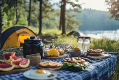 breakfast picnic on nature camping in forest near lake
