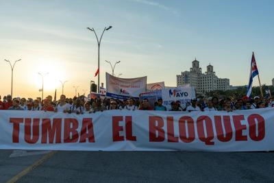 An International Workers' Day demonstration on May 1, 2026, in Havana includes a protest of the ongoing U.S. blockade of oil to Cuba.