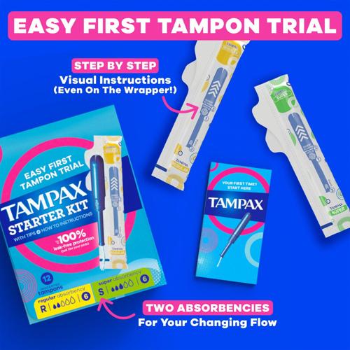 The Tampax Starter Kit features two absorbencies for your changing flow, and step by step visual instructions (even on the wrapper).