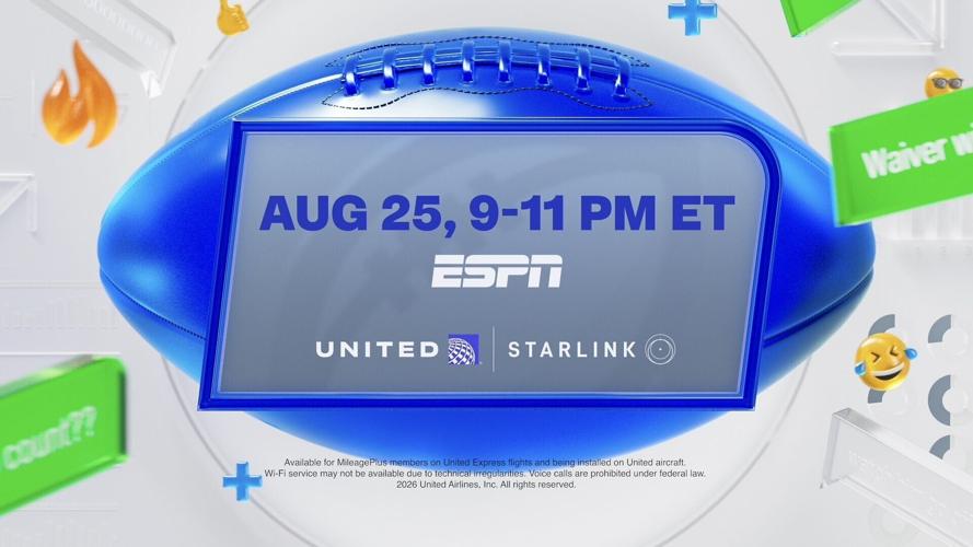 Disney Advertising & United Airlines Take ESPN Fantasy Football to New Heights:
This Year’s Televised Draft Event Includes Live Picks from 35,000 Feet on Flight Powered by Starlink Wi-Fi