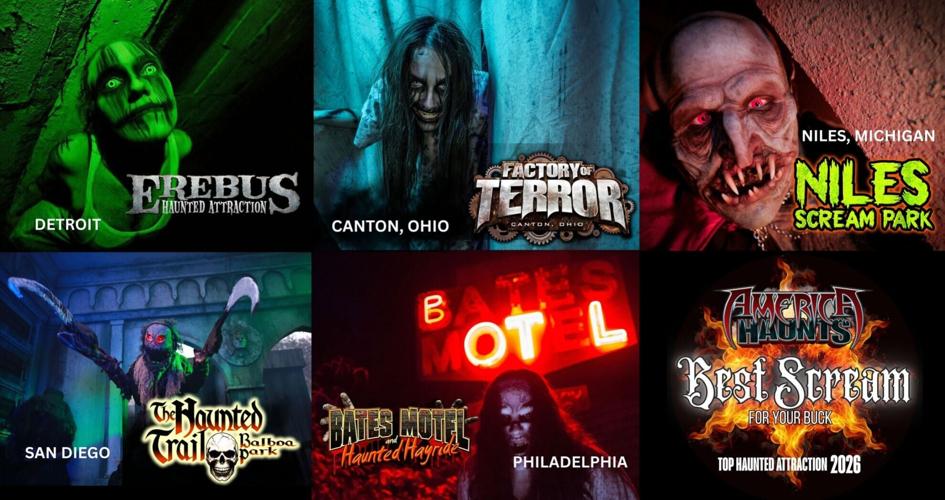 Caption: America Haunts www.americahaunts.com recognized the Top 5 Haunted Attractions nationwide for the Best Scream for Your Buck. The 2026 Best include: Erebus Haunted Attraction in Pontiac, outside of Detroit, MI; Factory of Terror in Canton, Ohio; ...