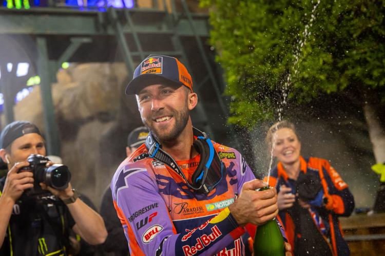 Eli Tomac celebrating after winning the Anaheim Opener at Angel Stadium in Anaheim, California, in January of this year.