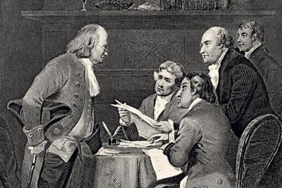 The men responsible for producing the Declaration of Independence, known as the Committee of Five, were, left to right: Benjamin Franklin, Thomas Jefferson, Roger Sherman, John Adams and Robert R. Livingston.