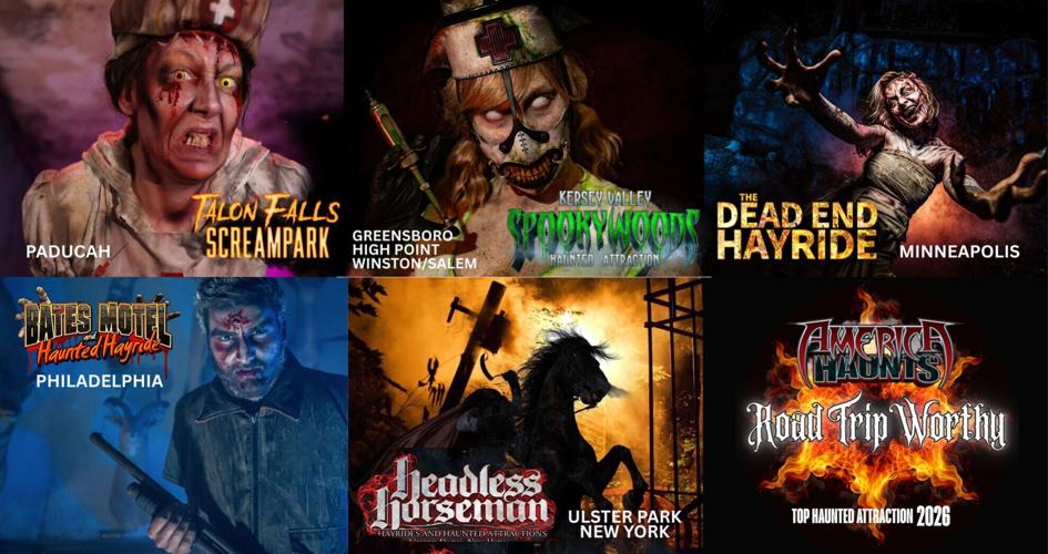 America Haunts’ 2026 Road Trip Worthy Top 5 features five haunted attractions across the country that give Halloween travelers a reason to hit the road. From left: Talon Falls Screampark, Spookywoods Haunted Attraction, Dead End Hayride, Bates Motel and...