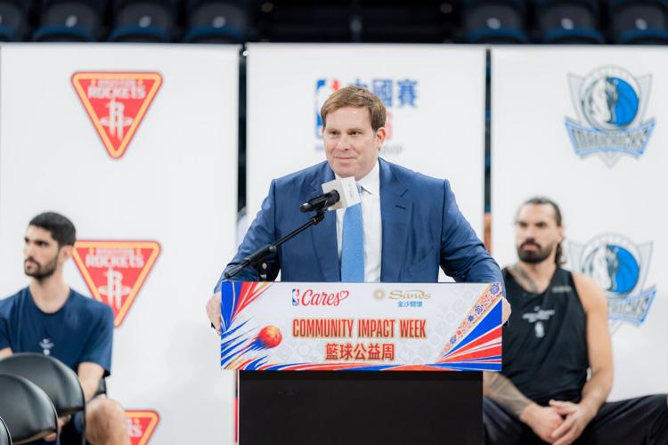 Patrick Dumont, chairman of the board and chief executive officer of Las Vegas Sands Corp., chairman of the board and non-executive director of Sands China Ltd., and governor of the Dallas Mavericks, delivers remarks at the Tip-Off Day of the “NBA Cares...