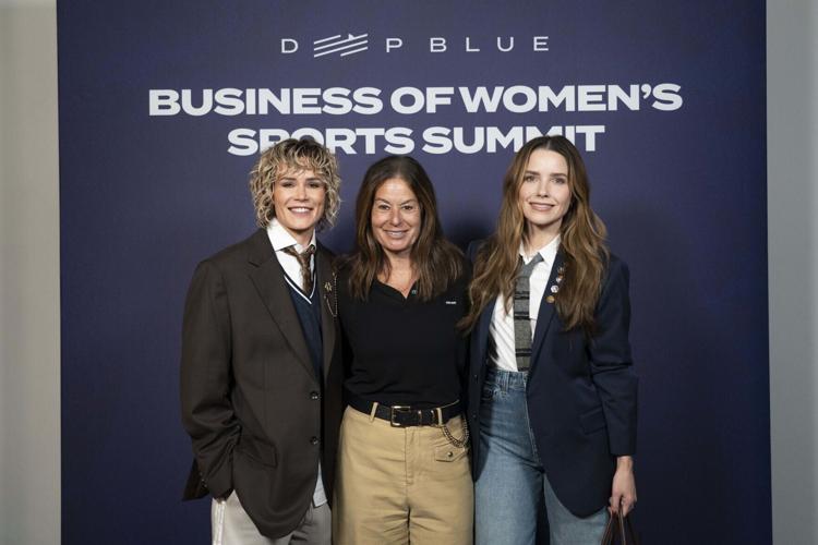 Former American soccer player Ashlyn Harris, Ally Chief Marketing and Public Relations Officer Andrea Brimmer and actress Sophia Bush (left to right) are photographed at Deep Blue Business of Women’s Sports Summit at Chelsea Industrial on Tuesday, April...