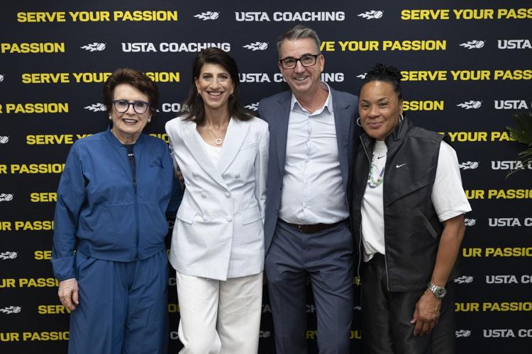 USTA Coaching Coaches Open in New York City on Aug. 25, 2026. From left: Tennis legend Billie Jean King, Lara Abrash, chair of Deloitte US, USTA Coaching CEO Craig Morris and Dawn Staley, women’s basketball head coach at the University of South Carolina...