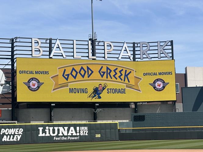 Good Greek Moving & Storage featured on the Las Vegas Ballpark video board during a Las Vegas Aviators home game in Summerlin South, Nevada.