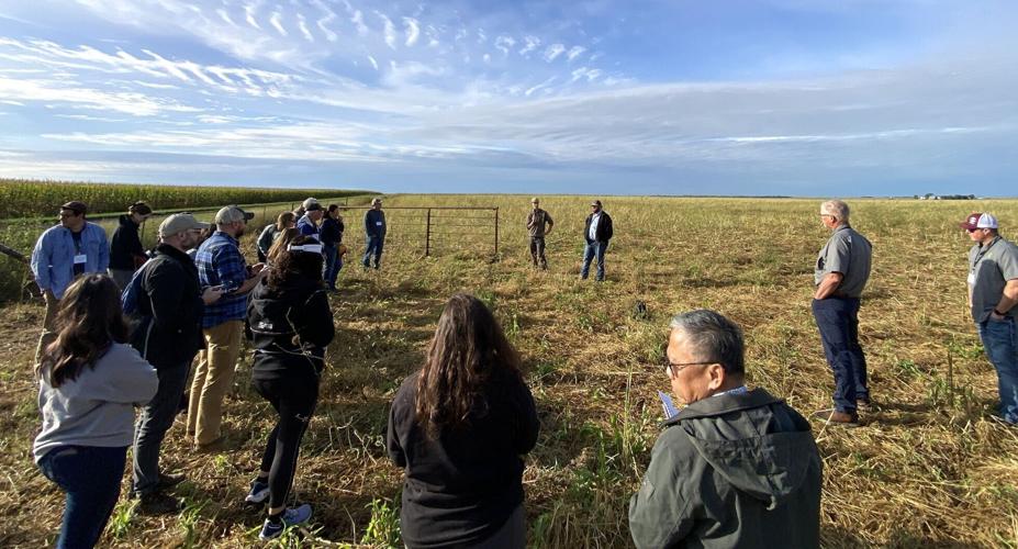Tour participants visited a grain and livestock farm operated by David and Benji Hiebert, near Iroquois, South Dakota, to learn how rotational grazing and cover crops can benefit soil health, water quality and livestock production.