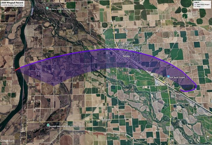 GPS tracking data projected on Google Earth. The Idaho State record setting wingsuit flight, by Elijah Weber, lasted 3 minutes and 30 seconds, as Eli flew almost six miles over DZONE Skydiving - Boise in Parma, Idaho!