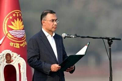 Bangladesh Nationalist Party chairman Tarique Rahman being sworn in as prime minister in Dhaka on February 17
