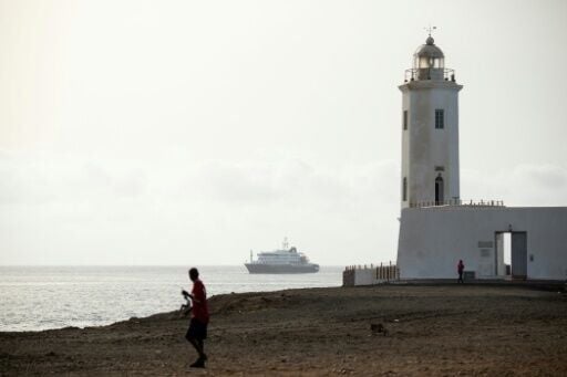 The MV Hondius could be seen from Praia, the capital of Cape Verde, anchored outside the harbour