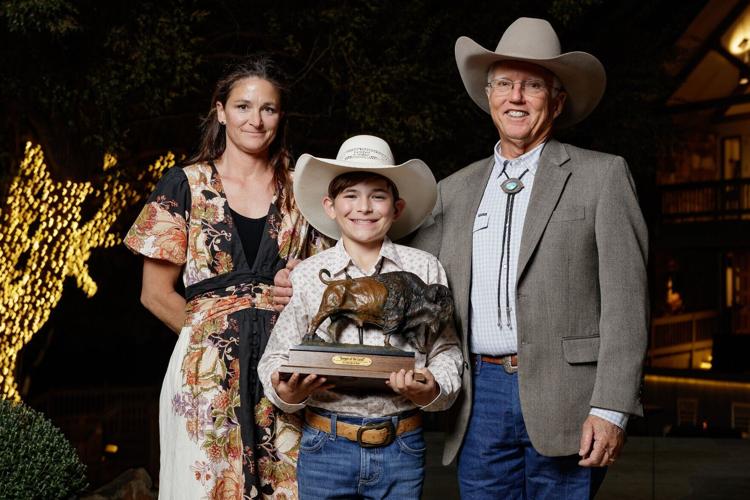 2025 Noble Land Stewardship Award recipients Meredith Ellis (left), her son G.C. Ellis (center) and G.C. Ellis, her father (left) of G Bar C Ranch, pose for a portrait during the inaugural Roots & Revelry event held in October 2025. Photo credit: Rob Ma...