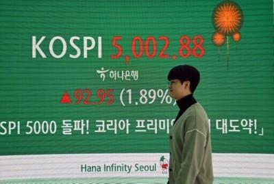 A man walks past an electronic screen showing South Korea's benchmark stock index surpassing 5,000 points in a foreign exchange dealing room at the Hana Bank headquarters in Seoul on January 22, 2026