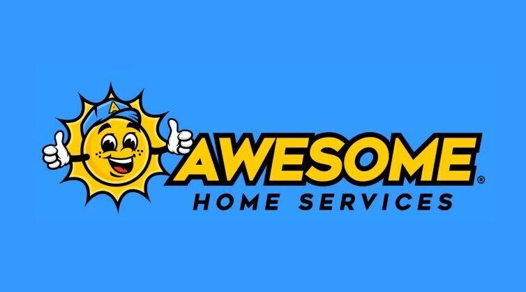 Awesome Home Services company logo on a blue background, featuring a yellow cartoon sun wearing a blue baseball cap.