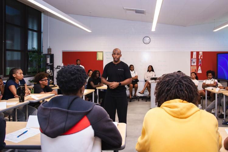 Chris Paul engages students in conversation during the kickoff of the Chris Paul Family Foundation Leadership Academy at Inglewood High School (September 10, 2026), Photo Credit: Kelby Johnson/KKO Productions