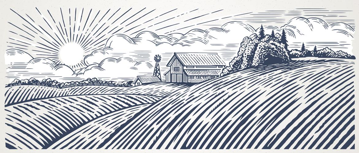 Rural landscape with a farm in engraving style. Hand drawn and converted to vector Illustration
