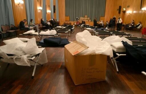 Field beds in Berlin set up as an emergency shelter for people affected by the January power outage