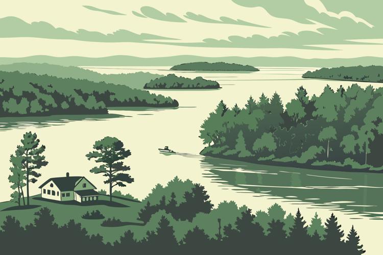 STOCK Lake Martin in Alabama, scenic reservoir with islands and forested shoreline cottages