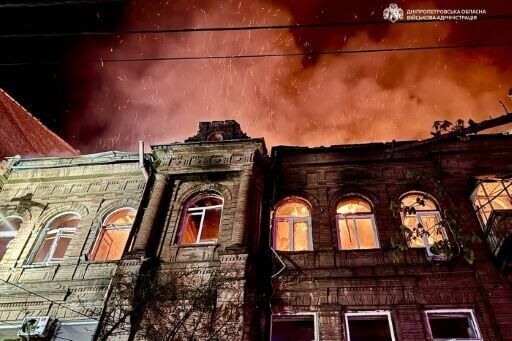 This handout from the Dnipropetrovsk Regional Military Administration taken and released on April 16, 2026 shows smoke from a building fire after a Russian strike in Dnipro