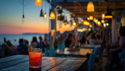 Sunset scene with a cocktail on a wooden table at an outdoor bar, blurred background