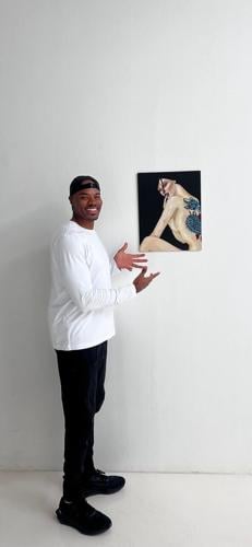 Former NBA All-Star Corey Maggette with A Girl with the Yakuza Tattoo (2020) by Nettie Christian, placed through Kertnz Gallery.