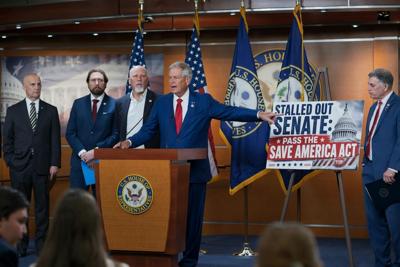 Republican Rep. Ralph Norman joins members of the conservative House Freedom Caucus at the Capitol in June 2026 to criticize the Senate for not acting on the Save America Act. The act is stuck in limbo between the U.S. House and Senate.