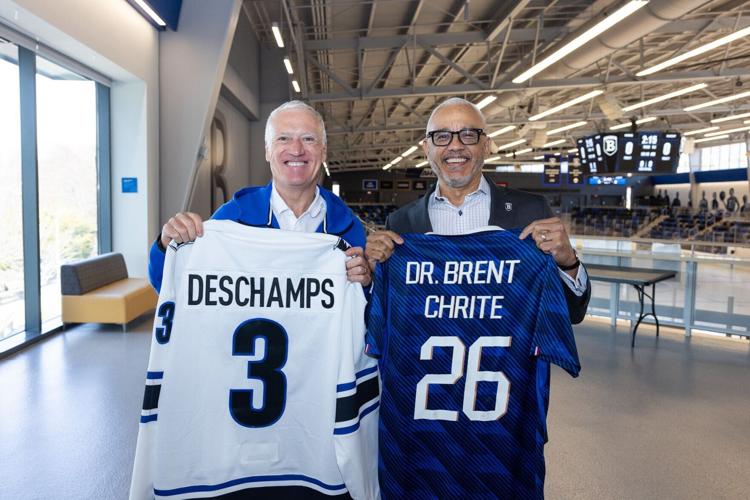 Didier Deschamps, head coach of the French national football team, joined Bentley President E. LaBrent Chrite on campus. The two exchanged jerseys — Bentley and France. The team will practice at Bentley before taking the pitch at the FIFA World Cup 2026™.