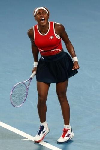 Coco Gauff celebrates victory against Poland's Iga Swiatek at the United Cup