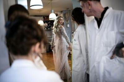Czech model Michaela Tomanova is working with the Julien Fournie workshop in Paris for Haute Couture week